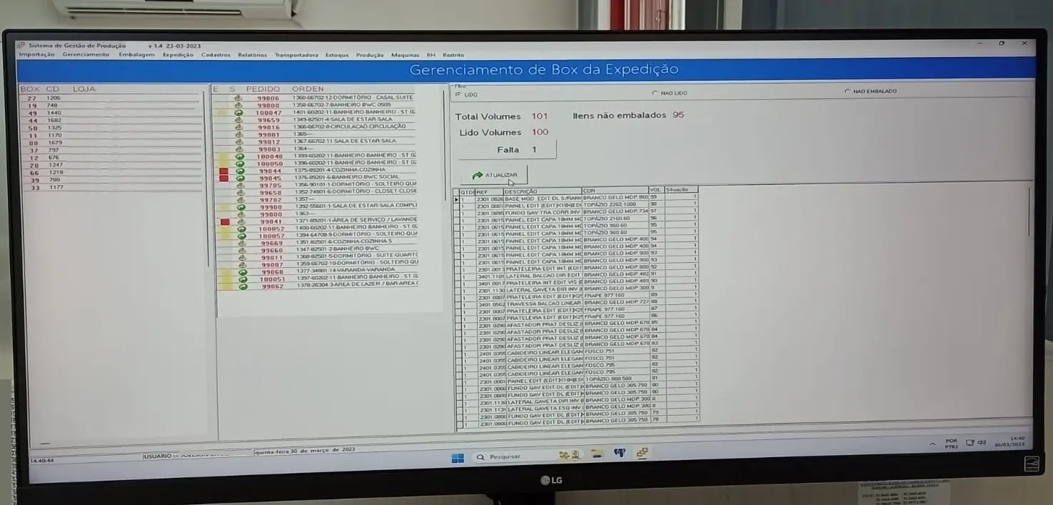 Tela do sistema de monitoramento de box e conferência.